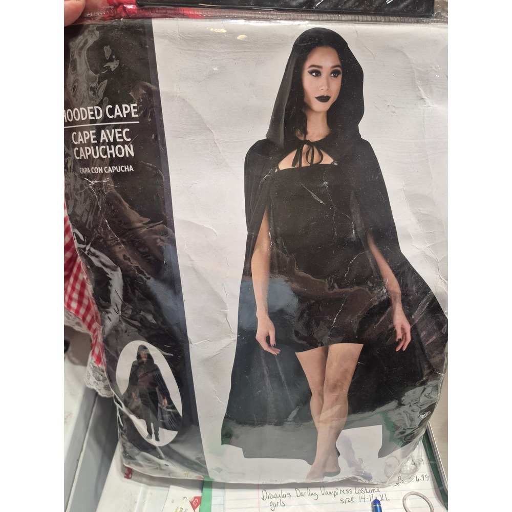 Black Hooded Cape Costume Accessory Vampire Witch Goth Halloween One Size